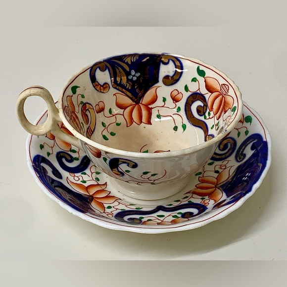 19th Century Antique Gaudy Welsh Crest Pattern Teacup & Saucer Set - Picture 16 of 16
